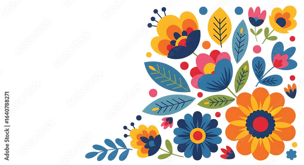 Fototapeta premium Floral corner icon with colorful flowers and leaves
