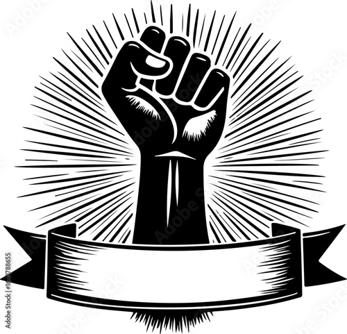 Raised Fist Power Symbol – Black and White Revolution Art with Banner" vector bundl
