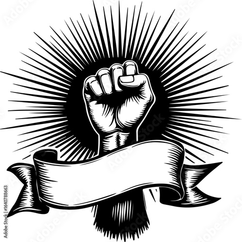 Raised Fist Power Symbol – Black and White Revolution Art with Banner" vector bundl