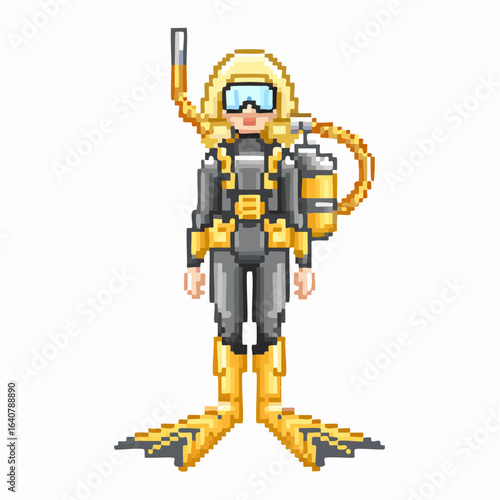 Pixel art vector of scuba diver with full diving gear