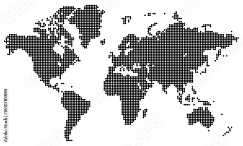 Dot shape vector map. Global geographic representation with dotted world map patterns. Dotted world map technology for worldwide visuals. Modern world map geographic illustrations.