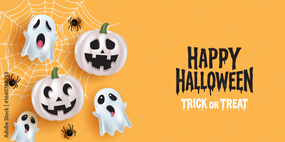 Fototapeta premium Halloween posters, cards, banner with cute white pumpkins, gosh and flying spider web in modern style. collection of Happy Halloween background, flayer, cover, Brochure with copy space for ads promo