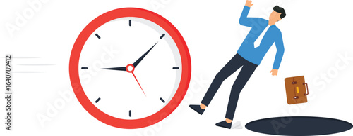Time Management Concept: Businessman Falling Into a Hole Near a Clock, Deadline Concept,visually appealing, brown briefcase, business failure, deadline concept, time running, business person