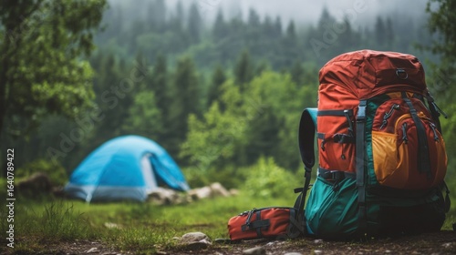Wallpaper Mural Colorful adventure backpack with reinforced straps resting at a camping site surrounded by forest and a blurred tent Torontodigital.ca