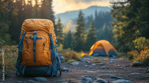 A colorful adventure backpack with reinforced straps sits on the ground at a camping site. In the background, a blurred tent is visible amidst the serene forest setting.