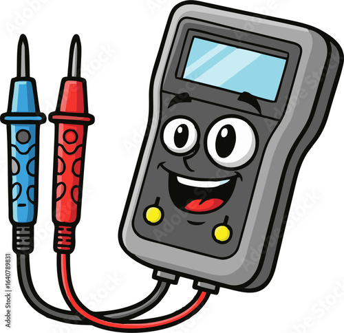 Cartoon Multi-Meter with Friendly Expression and Attached Probes