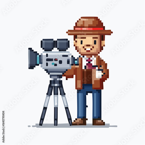 Retro pixel art cameraman character filming movie scene