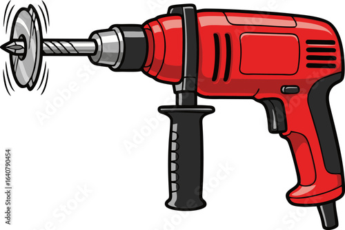 Cartoon Red Power Drill with Rotating Drill Bit and Auxiliary Handle