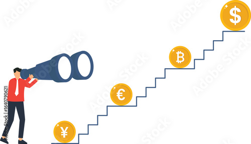 Businessman with Binoculars Observing Currency Growth on Stairs - Financial Investment Concept,management, wealth creation, financial success, investment return, currency value, profit margin, market 