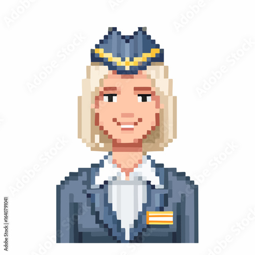 Retro pixel art vector female cabin crew airline staff