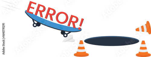 Skateboard with Error Text About to Fall into a Hole, Concept of Failure and Risk,roblem solving, negative outcome, potential crash, risk management, failure concept, danger ahead, falling action, 