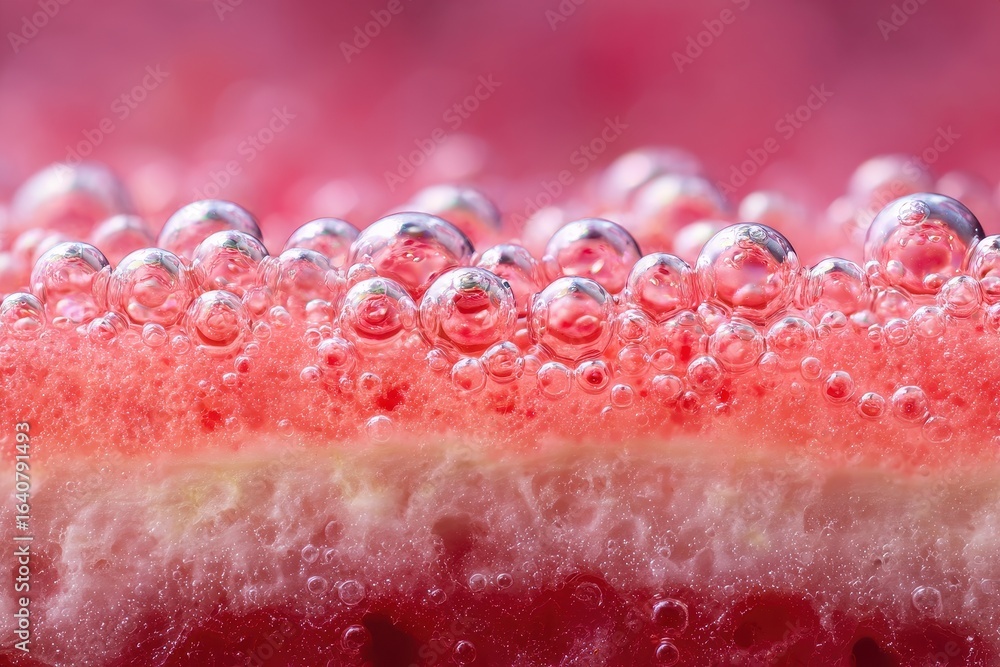 Fototapeta premium Close-Up of Bubbles on Juicy Watermelon Slice with Red Background