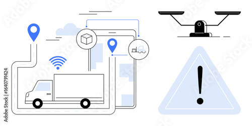 Truck navigating GPS route with wireless tracking, package icons, alert sign, weighing scale. Ideal for logistics, delivery, real-time tracking, transport safety, fleet management supply chain