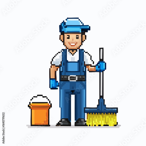 Pixel Art Janitor Character - Male Cleaner with Broom and Bucket Retro 8bit Style