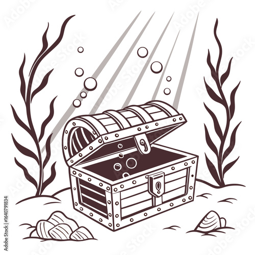 A captivating depiction of an underwater treasure chest with intriguing light rays