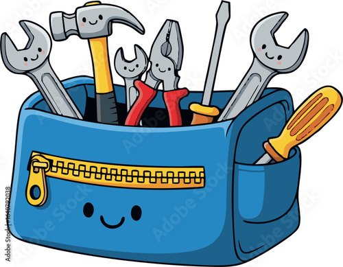 Cheerful Cartoon Tool Bag with Smiling Wrenches and Hammer