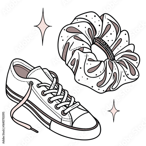 Aesthetic flat lay a sneaker, scrunchie, and sparkling stars