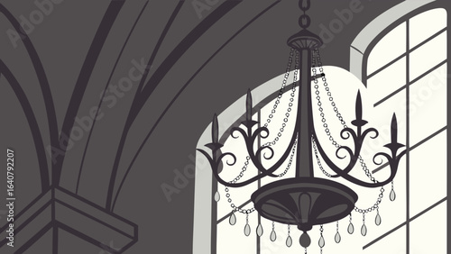 Elegant victorian chandelier with crystal accents hanging in a grand room with arched windows and gothic architectural details