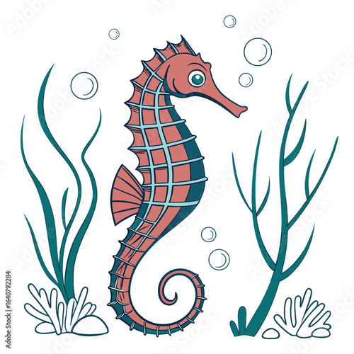 Cartoon Seahorse Swimming Amongst Seaweed and Bubbles in an Ocean Scene