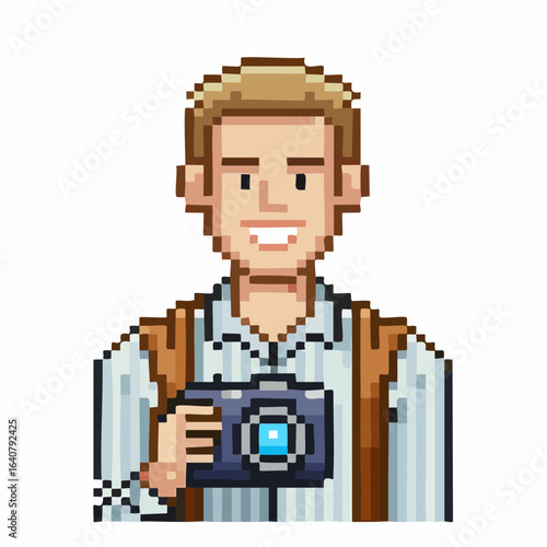 Pixel Art Paparazzi Character - Male Photographer with Telephoto Lens