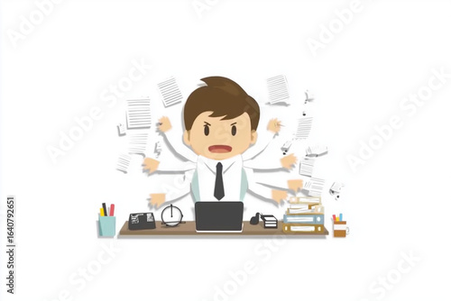 Cartoon businessman working frantically at desk with many hands
