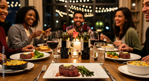 Wallpaper Mural A warm and festive dining scene featuring a group of people enjoying fillet mignon  together. Torontodigital.ca
