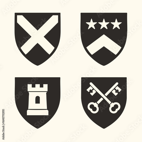 Medieval heraldic shields with saltire chevron tower and keys