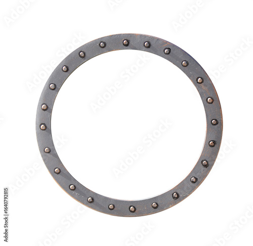 Metallic retro round frame with vintage rivets. Isolated on white background. Can be used for steampunk, mechanical design and industrial aesthetics. Vintage-inspired circular metal frame