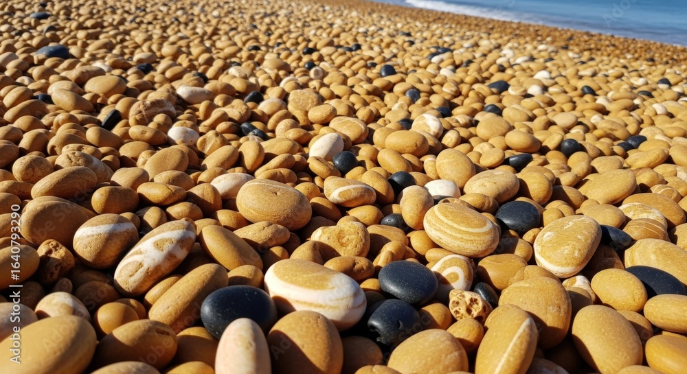 Fototapeta premium Pebble Beach Shoreline: Close-Up of Smooth, Round Stones in Natural Light, Ocean View Background