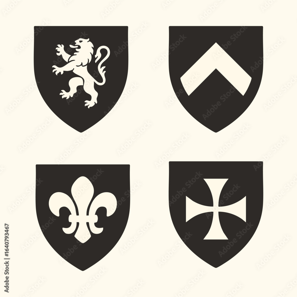 Fototapeta premium Heraldic shields with lion chevron fleur de lis and cross