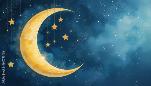 Wallpaper Mural Magical watercolor night sky with crescent moon and hanging stars
 Torontodigital.ca