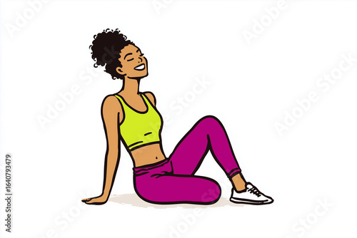 Colorful vector illustration of woman in sportswear sitting and smiling

