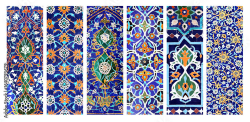 Set of vertical or horizontal banners with intricate detail of ancient mosaic walls with floral and geometric ornament. Collection of background with traditional islamic tile decor