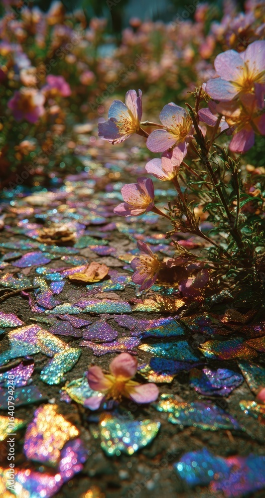 Obraz premium Close-up view of iridescent mosaic path with wildflowers