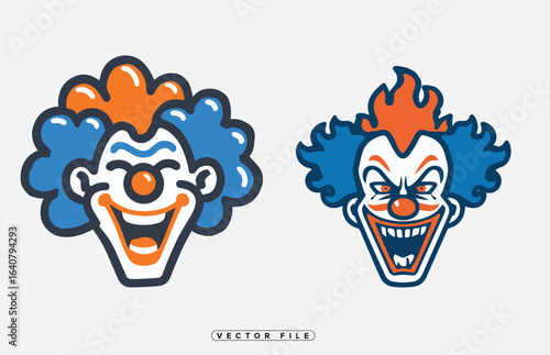 Set of five different colorful scary and happy clown face illustrations
