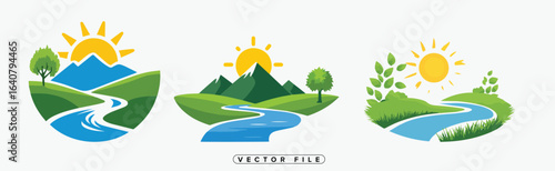 Set of colorful landscape icons with river and mountains in different styles
