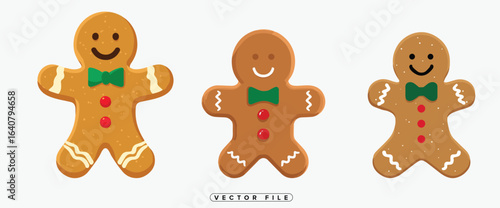 Set of six different gingerbread men with green bow ties on white background