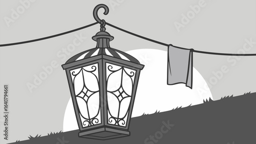 A vintage street lamp hangs from a wire with a piece of cloth draped nearby against a backdrop of a rising sun and grassy hill