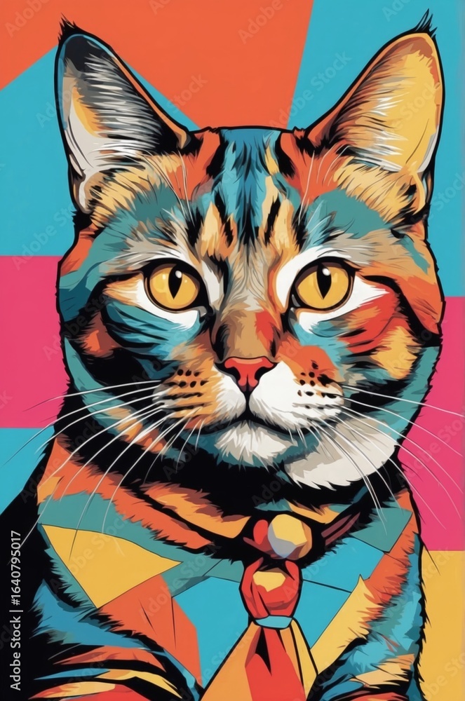Fototapeta premium Brightly colored cat portrait with a geometric design wearing a tie against a vibrant background Generative AI