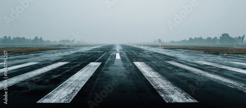 Empty wet runway in a misty, gray sky