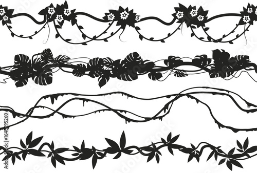 Seamless pattern of tropical vines. Black silhouette branches with moss and flowers. Forest leaves. Climbing lianas. Intertwining creepers. Rainforest foliage. Vector ivy elements set