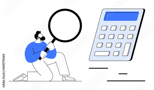 Professional examines oversized calculator with magnifying glass emphasizing discovery, data analysis. Ideal for business, finance, education, problem-solving, auditing, strategy, simple landing page