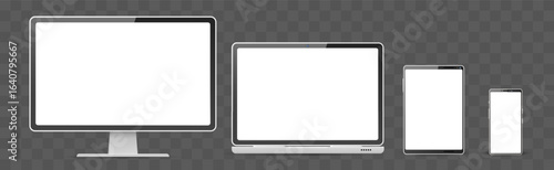 Realistic mockup of monitor. Laptop and tablet displays. Smartphone touchscreen. Media gadget connection. Electronic equipment technology. Vector 3D devices set on transparent background