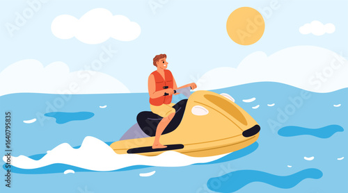 Man rides jet ski through ocean waves. Water scooter. Sea travel. Seaside speed transport. Extreme waterskiing. Resort leisure. Guy driving aqua bike. Summer vacation. Vector concept