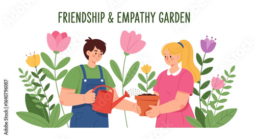 Illustration of Friendship and Empathy Garden with Two People Gardening Together
