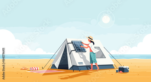 Illustration of sustainable beach camping with a solar panel attached to a tent