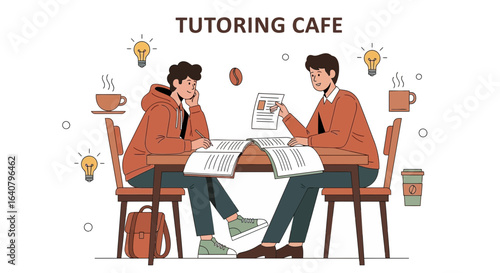 Illustration of two students studying and collaborating in a tutoring cafe environment atmosphere
