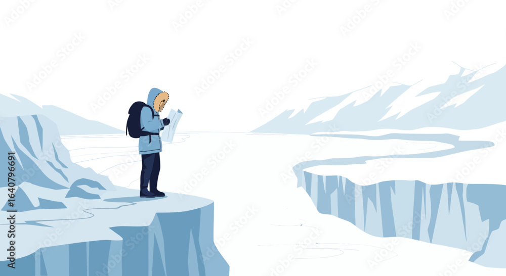 Obraz premium Lost explorer on icy landscape checking map in antarctica polar region illustration