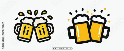 Illustration of Two Beer Mugs Clinking Together with Foam and Splash