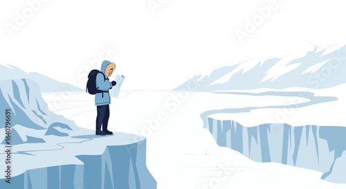 Lost explorer on icy landscape checking map in antarctica polar region illustration